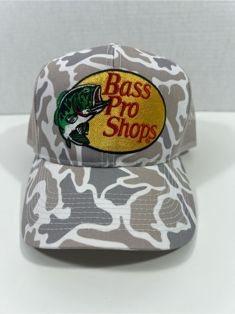 Bass Pro Shops Embroidered White/Putty Mesh Trucker Hat!